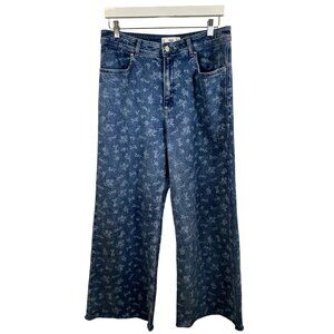 Mango High Waisted Wide Leg Floral Blue Jeans Size 10